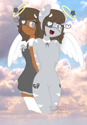 Size: 1952x2787 | Tagged: safe, artist:lolitablue, oc, oc only, human, pegasus, semi-anthro, :d, both cutie marks, clothes, cloud, dark skin, duo, eyepatch, female, halo, open mouth, pegasus oc, signature, smiling, wings