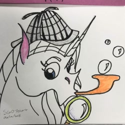 Size: 1080x1080 | Tagged: safe, artist:stargazerseven, oc, pony, unicorn, bubble, bust, deerstalker, detective, hat, horn, lineart, magnifying glass, pipe, signature, traditional art, unicorn oc