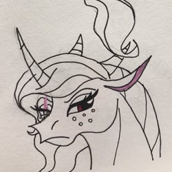 Size: 547x547 | Tagged: safe, artist:stargazerseven, oc, oc only, pony, bust, freckles, frown, horns, lineart, solo, traditional art