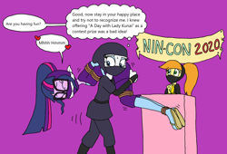 Size: 2286x1558 | Tagged: safe, artist:bugssonicx, rarity, sci-twi, twilight sparkle, oc, oc:joule, human, equestria girls, g4, alternate clothes, blushing, bondage, bound and gagged, brightly colored ninjas, carrying, cleave gag, cloth gag, eyes closed, female, femsub, gag, kunoichi, mask, ninja, over shoulder, sandals, secret identity, submissive, sweat, tied up, twisub