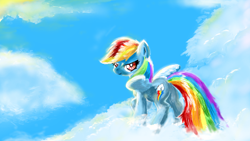 Size: 441x248 | Tagged: safe, artist:buttonmash, rainbow dash, pegasus, pony, g4, spoiler:mlp friendship is forever, blue pony, butt, cloud, illustration, plot, rainbow, sky, solo, wings