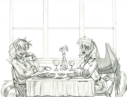 Size: 1400x1071 | Tagged: safe, artist:baron engel, oc, oc only, oc:feather dancer, oc:nicole sunstone, pegasus, unicorn, anthro, chair, chatting, clothes, cup, dessert, eyes closed, flower, glass, grayscale, monochrome, open mouth, pants, pencil drawing, sitting, table, traditional art