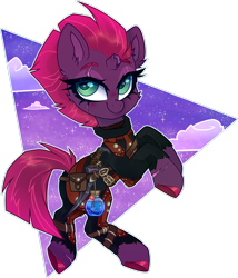 Size: 2521x2948 | Tagged: safe, artist:_spacemonkeyz_, tempest shadow, pony, unicorn, g4, blade of woe, broken horn, clothes, cloud, colored hooves, dark brotherhood, flower, high res, horn, leather armor, magicka potion, potion, scar, simple background, sky, skyrim, solo, stars, the elder scrolls, torn clothes, transparent background