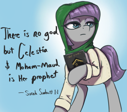 Size: 2025x1790 | Tagged: safe, artist:t72b, maud pie, earth pony, pony, g4, book, clothes, halo, headscarf, heresy, horse puns, implied princess celestia, islam, literal heresy, muhammad, pun, religion, scarf, shitposting, solo, text, wat