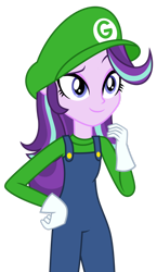 Size: 1024x1764 | Tagged: safe, artist:emeraldblast63, starlight glimmer, equestria girls, g4, cap, clothes, clothes swap, cosplay, costume, crossover, gloves, halloween, hat, holiday, long sleeved shirt, long sleeves, luigi, luigi's hat, overalls, shirt, simple background, solo, super mario bros., transparent background, undershirt