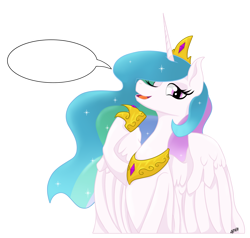 Size: 1920x1824 | Tagged: safe, artist:ghouleh, princess celestia, alicorn, pony, g4, crown, ethereal mane, exploitable, female, horn, jewelry, mare, one eye closed, pointing, princess, regalia, simple background, smiling, solo, speech bubble, transparent background, wings, wink