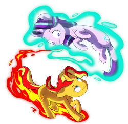 Size: 4103x3975 | Tagged: safe, artist:chub-wub, starlight glimmer, sunset shimmer, pony, unicorn, g4, absurd resolution, commission, duo, female, fiery shimmer, fire, flying, glowing horn, horn, levitation, looking at each other, magic, mare, raised hoof, raised leg, running, self-levitation, simple background, telekinesis, transparent background, yin-yang