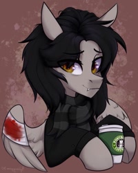 Size: 1265x1582 | Tagged: safe, artist:mysha, pegasus, pony, bandage, bandaged wing, blood, broken wing, bust, clothes, coffee, commission, fangs, gerard way, hoof hold, jacket, male, messy mane, my chemical romance, ponified, scarf, spread wings, stallion, wings, ych result