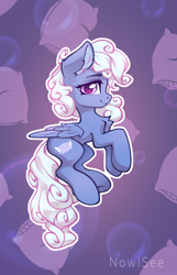 Size: 1234x1913 | Tagged: safe, artist:inowiseei, oc, oc only, oc:comfy pillow, pegasus, pony, commission, cute, female, floating, long tail, looking at you, mare, pegasus oc, signature, solo, white outline, wings