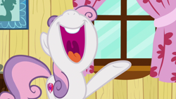 Size: 1280x720 | Tagged: safe, screencap, sweetie belle, pony, g4, the fault in our cutie marks, clubhouse, crusaders clubhouse, mawshot, nose in the air, open mouth, singing, solo, uvula, volumetric mouth