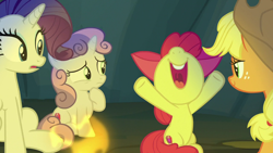 Size: 1280x720 | Tagged: safe, screencap, apple bloom, applejack, rarity, sweetie belle, campfire tales, g4, campfire, fire, nose in the air, volumetric mouth