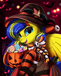 Size: 2550x3209 | Tagged: safe, artist:pridark, part of a set, oc, oc only, oc:swivel starsong, pegasus, pony, candy, clothes, commission, food, halloween, hat, high res, holiday, jack-o-lantern, open mouth, pumpkin, raffle winner, socks, solo, striped socks, wings, witch hat, ych result