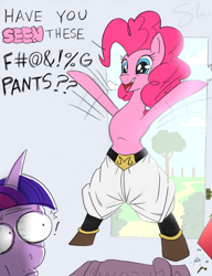 Size: 900x1170 | Tagged: safe, artist:molochtdl, pinkie pie, twilight sparkle, earth pony, pony, unicorn, g4, censored vulgarity, clothes, cosplay, costume, dragon ball, exclamation point, grawlixes, majin boo, scroll, unicorn twilight
