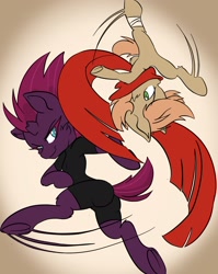 Size: 1536x1933 | Tagged: safe, artist:steelsoul, tempest shadow, oc, oc:himmel, earth pony, pony, unicorn, g4, bipedal, clothes, colt, combat practice, duo, female, fight, foal, kicking, male, mare, master and student, scarf, smiling, sparring
