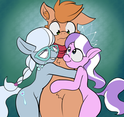 Size: 3408x3198 | Tagged: safe, artist:loco local, diamond tiara, silver spoon, oc, oc:himmel, earth pony, semi-anthro, g4, arm hooves, canon x oc, colt, embarrassed, female, filly, heart, heart eyes, high res, hug, male, protagonist, pubic fluff, shipping, wingding eyes