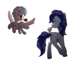 Size: 2224x1818 | Tagged: safe, alternate version, artist:freeedon, cozy glow, oc, pegasus, pony, g4, duo, eye contact, female, filly, flower, flower in mouth, flying, foal, folded wings, looking at each other, looking at someone, mare, mouth hold, raised hoof, raised leg, simple background, transparent background, wings