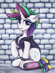 Size: 2800x3700 | Tagged: safe, artist:lakunae, rarity, pony, unicorn, g4, it isn't the mane thing about you, alternate hairstyle, clothes, female, high res, jacket, jbl, looking at you, mare, punk, raripunk, sitting, smiling, solo