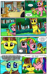 Size: 1800x2814 | Tagged: safe, artist:candyclumsy, oc, oc:candy clumsy, oc:tommy the human, alicorn, earth pony, pegasus, pony, comic:attempt on an alicorn, alicorn oc, canterlot, cheer up, child, colt, comic, commissioner:bigonionbean, concerned, dialogue, female, hooded cape, horn, hug, male, mare, park, pond, random, random pony, reflection, royal guard, sad, stallion, winghug, wings, writer:bigonionbean