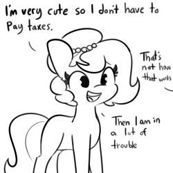 Size: 3000x3000 | Tagged: safe, artist:tjpones, oc, oc only, oc:brownie bun, earth pony, pony, horse wife, cute, earth pony oc, female, high res, horse taxes, mare, monochrome, ocbetes, offscreen character, open mouth, open smile, simple background, smiling, solo, talking, tax evasion, taxes, this will end in jail time, white background