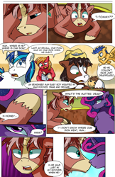 Size: 2036x3148 | Tagged: safe, artist:candyclumsy, big macintosh, flash sentry, shining armor, trouble shoes, oc, oc:king speedy hooves, oc:queen galaxia (bigonionbean), alicorn, clydesdale, earth pony, pegasus, pony, unicorn, comic:the birth of speedy hooves, g4, awoken, book, butt, comic, commissioner:bigonionbean, concerned, confused, confusion, cutie mark, dialogue, doll, ethereal mane, exhausted, female, flank, floating, fusion, fusion:big macintosh, fusion:flash sentry, fusion:princess cadance, fusion:princess celestia, fusion:princess luna, fusion:shining armor, fusion:trouble shoes, fusion:twilight sparkle, hat, high res, hug, husband and wife, interrupted, male, mare, nuzzling, panicking, passed out, plot, reading, shocked, sleeping, stallion, surprised, table, thought bubble, thoughts, toy, unshorn fetlocks, woken up at a bad time, writer:bigonionbean
