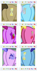 Size: 440x833 | Tagged: safe, screencap, berry punch, berryshine, cherry berry, doctor whooves, linky, minuette, sea swirl, seafoam, shoeshine, time turner, earth pony, pony, unicorn, derpibooru, a flurry of emotions, a royal problem, g4, trade ya!, berry butt, butt, butt focus, butt only, cherryplot, cropped, female, juxtaposition, male, meta, minu-ass, pictures of butts, plot, stallion, wall of butts