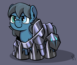 Size: 2328x1958 | Tagged: safe, artist:dsana, oc, oc only, oc:lullaby dusk, pegasus, pony, comic:a storm's lullaby, :t, accessory theft, armor, cute, death by cuteness, female, filly, glare, gray background, heterochromia, implied tempest shadow, lullabetes, ocbetes