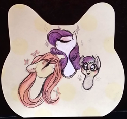 Size: 1081x1009 | Tagged: safe, artist:hippykat13, artist:sabokat, fluttershy, rarity, oc, oc:kitty sweet, butterfly, pegasus, pony, unicorn, g4, :3, :p, bust, cute, eyes closed, eyeshadow, gel pen, majestic, makeup, marker drawing, notepad, ocbetes, paw prints, raribetes, shyabetes, small mare, sparkles, tongue out, traditional art