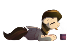 Size: 2099x1306 | Tagged: safe, artist:freeedon, oc, oc only, oc:tulpa twilight, pegasus, pony, coffee, coffee cup, comfy, cup, cute, eyes closed, female, floppy ears, folded wings, hot drink, lying down, mare, ocbetes, on side, relaxing, simple background, smiling, solo, steam, transparent background, wings
