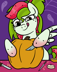 Size: 1536x1928 | Tagged: safe, artist:sjart117, oc, oc only, oc:watermelana, ghost, pegasus, pony, undead, candle, carving, female, freckles, gradient hooves, halloween, knife, mare, pumpkin, pumpkin carving, solo, spider web, table, tongue out