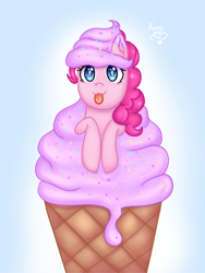 Size: 3500x4666 | Tagged: safe, artist:yumomochan, pinkie pie, g4, :p, adorabetes, blue background, cute, female, food, ice cream, mare, simple background, tongue out