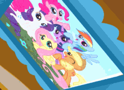 Size: 344x249 | Tagged: safe, screencap, applejack, fluttershy, pinkie pie, rainbow dash, rarity, twilight sparkle, earth pony, pony, g4, magical mystery cure, animated, aura, cute, female, from above, glowing, grin, happy, high angle, mane six, mane six opening poses, one eye closed, picture, picture frame, smiling, talking, twiabetes, weapons-grade cute