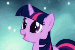 Size: 360x240 | Tagged: safe, screencap, twilight sparkle, pony, unicorn, g4, magical mystery cure, animated, ascension realm, blinking, cute, eye shimmer, female, happy, looking up, mare, open mouth, princess celestia's special princess making dimension, smiling, solo, stars, twiabetes, unicorn twilight, void, zoom