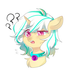 Size: 1500x1500 | Tagged: artist needed, source needed, safe, oc, oc only, oc:anna karenna, pony, unicorn, bust, chest fluff, collar, confusion, cute, gem, question mark, simple background, solo, white background