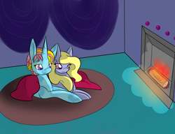 Size: 1280x985 | Tagged: safe, artist:kaggy009, dewdrop dazzle, lily blossom, crystal pony, pegasus, pony, unicorn, g4, blanket, crystallized, duo, female, fireplace, lying down, mare, prone