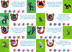 Size: 1400x1000 | Tagged: safe, gameloft, idw, femoris, high heel, long face, mayor blossom, megasoma, shadowmane, smudge (g4), tagma, changeling, earth pony, pegasus, pony, unicorn, g4, spoiler:comic, bulky changeling, changeling officer, description, gem, introduction card