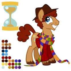 Size: 504x504 | Tagged: safe, artist:lissystrata, doctor whooves, time turner, earth pony, pony, g4, clothes, crossover, doctor who, fedora, fourth doctor, fourth doctor's scarf, hat, hourglass, male, ponified, reference sheet, safari jacket, scarf, simple background, solo, stallion, striped scarf, the doctor, tom baker, transparent background, unshorn fetlocks