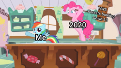 Size: 1280x720 | Tagged: safe, artist:misterdavey, edit, pinkie pie, rainbow dash, earth pony, pegasus, pony, cupcakes hd, fanfic:cupcakes, g4, 2020, 2020 hate, caption, coronavirus, covid-19, female, hammer, mare, meme, moments before disaster, this didn't age well, this will end in pain, this will not end well, world war iii