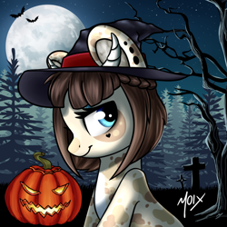 Size: 1080x1080 | Tagged: safe, artist:supermoix, oc, oc only, pony, halloween, hat, holiday, moon, solo, tree, witch hat