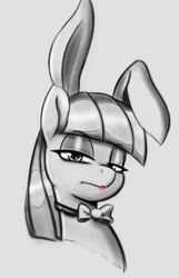 Size: 447x695 | Tagged: safe, artist:tre, maud pie, earth pony, pony, g4, bowtie, bunny ears, bust, lidded eyes, lipstick, partial color, portrait, solo