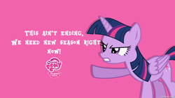 Size: 2560x1440 | Tagged: safe, artist:faze-alan-mskull2019, twilight sparkle, alicorn, pony, g4, angry, caption, female, happy birthday mlp:fim, mlp fim's seventh anniversary, my little pony logo, op can't let go, pink background, simple background, solo, text, twilight sparkle (alicorn)