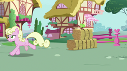 Size: 1280x720 | Tagged: safe, screencap, millie, earth pony, pony, g4, the big mac question, apple, female, food, hay bale, mare, running, solo