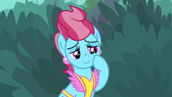 Size: 1280x720 | Tagged: safe, screencap, cup cake, earth pony, pony, g4, the big mac question, apron, beautiful, blue fur, bush, clothes, crying, cute, ear piercing, earring, female, happy, jewelry, mare, piercing, pink eyes, pink mane, smiling, solo, tears of joy