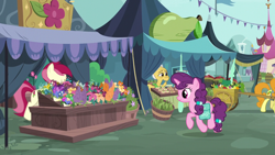 Size: 1280x720 | Tagged: safe, screencap, carrot top, golden harvest, grand pear, roseluck, sugar belle, earth pony, pony, unicorn, g4, the big mac question, bag, female, flower, mare, saddle bag