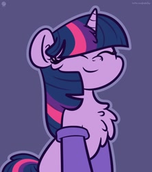 Size: 1067x1200 | Tagged: dead source, safe, artist:php142, twilight sparkle, pony, unicorn, g4, chest fluff, clothes, cute, ear fluff, eyes closed, female, mare, purple background, simple background, socks, solo, stockings, thigh highs, twiabetes, unicorn twilight