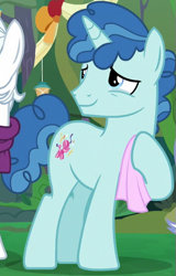 Size: 343x536 | Tagged: safe, screencap, double diamond, party favor, pony, unicorn, g4, the big mac question, blue eyes, blue mane, blue tail, cropped, crying, handkerchief, happy, male, marriage, smiling, stallion, tears of joy, teary eyes, tissue, wedding