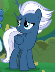 Size: 368x483 | Tagged: safe, screencap, night glider, pegasus, pony, g4, the big mac question, blue eyes, bush, cropped, female, food, happy, mare, pear, pear tree, smiling, tomboy, tree, white mane, white tail