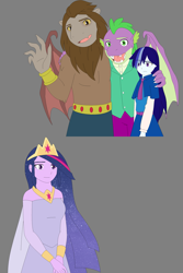 Size: 1865x2798 | Tagged: safe, artist:fantasygerard2000, majesty, scorpan, spike, twilight sparkle, alicorn, dragon, gargoyle, human, anthro, equestria girls, g4, the last problem, clothes, crown, dress, ethereal hair, gray background, headcanon, jewelry, older, older twilight, older twilight sparkle (alicorn), princess twilight 2.0, regalia, scorpan is spike's daddy, simple background, twilight sparkle (alicorn), wings
