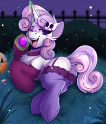 Size: 1500x1750 | Tagged: safe, artist:shadowreindeer, sweetie belle, pony, unicorn, g4, bedroom eyes, butt, chest fluff, choker, clothes, cute, cute little fangs, dock, fangs, female, garter belt, garters, glowing horn, halloween, holiday, horn, lying down, magic, mare, mole, one eye closed, open mouth, plot, socks, solo, stockings, sweetie butt, telekinesis, thigh highs, tongue out, underhoof, wink