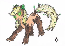 Size: 1630x1166 | Tagged: safe, artist:assertiveshypony, applejack, earth pony, pony, timber pony, timber wolf, g4, claws, drawing, female, glowing eyes, leaf, race swap, simple background, species swap, timber wolfified, timberjack, traditional art, transformation, white background