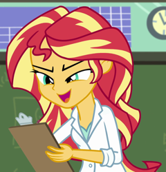 Size: 642x670 | Tagged: safe, screencap, sunset shimmer, equestria girls, g4, my little pony equestria girls: friendship games, the science of magic, clipboard, clothes, cropped, lab coat, solo, sunset the science gal
